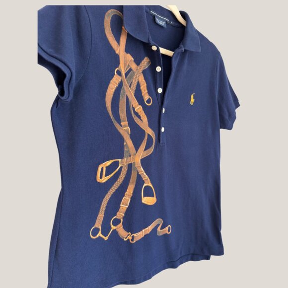 Women's Vintage Polo Ralph Lauren Sport Navy Blue Equestrian Bridle Print Polo - Picture 2 of 6